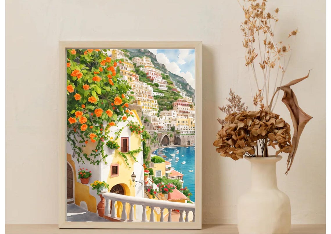 Positano Cityscape Painting Amalfi Coast Watercolor Art Print Flowers Bush Wall Art Italian Cityscape Print Italy Art Positano Travel Art - Image 5