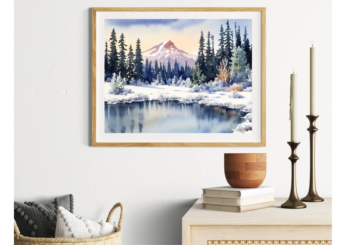 Winter Mountain Lake Watercolor Sunset Over Snowy Peaks Poster - Image 4