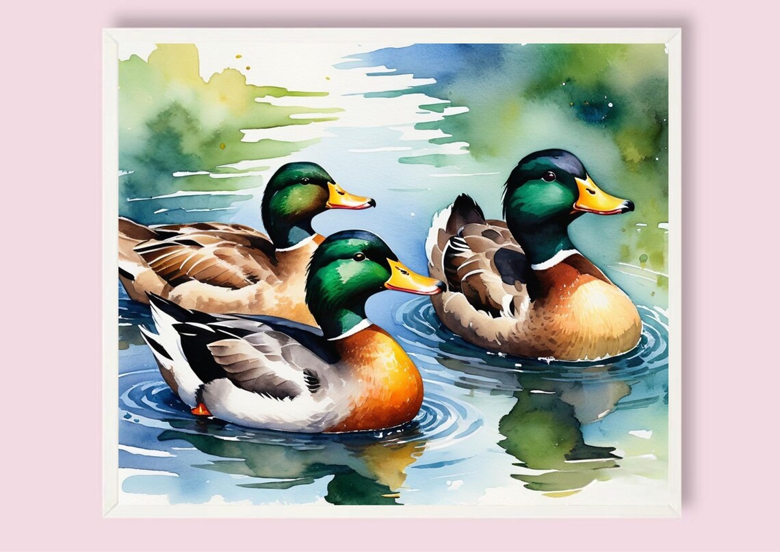 Three Mallard Ducks Swimming Watercolor Wildlife Pond Poster - Image 5