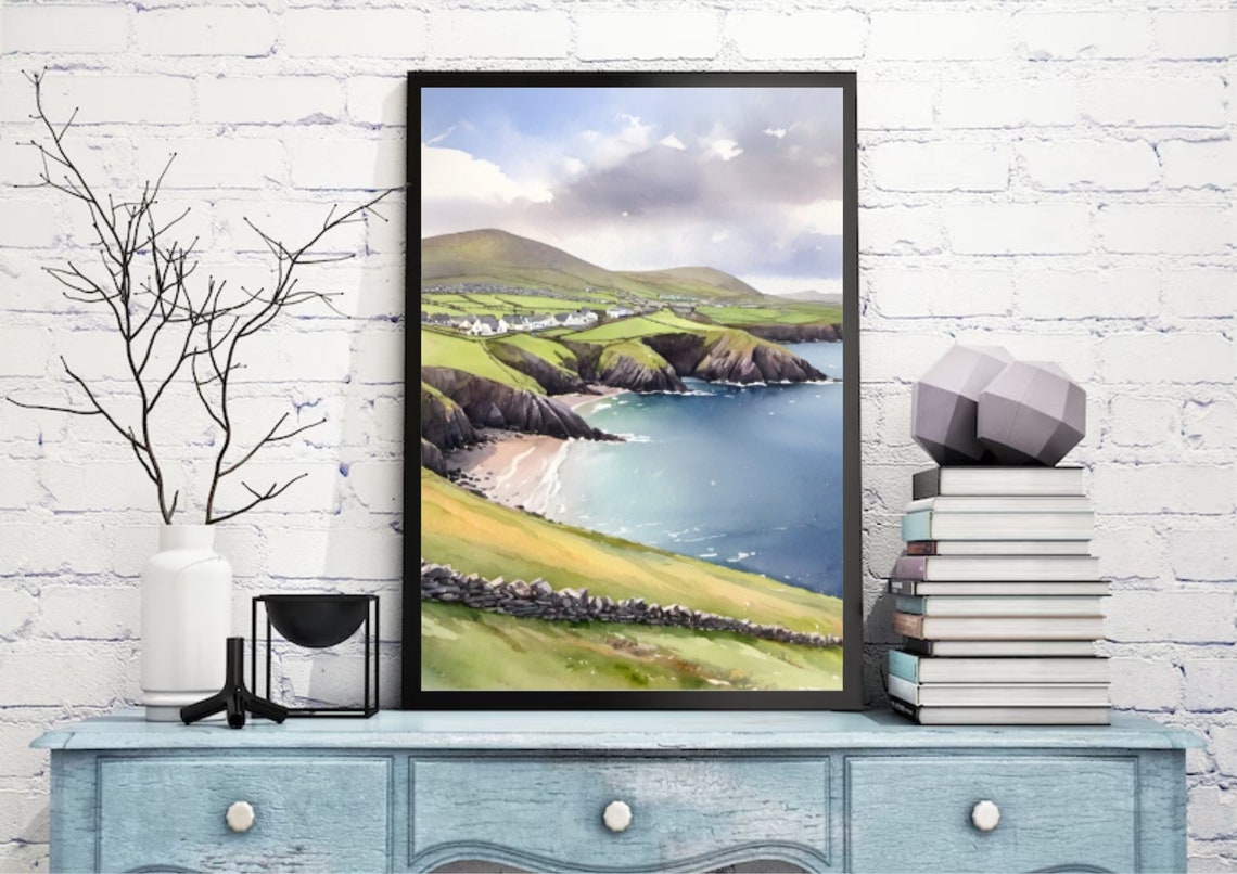 Dingle Peninsula Ireland Green Cliffs Village Watercolor Poster - Image 4