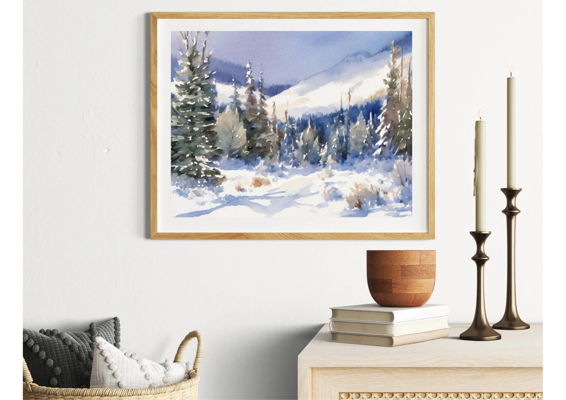 Blue Shadowed Snowy Mountain Forest Watercolor Winter Wall Art - Image 5