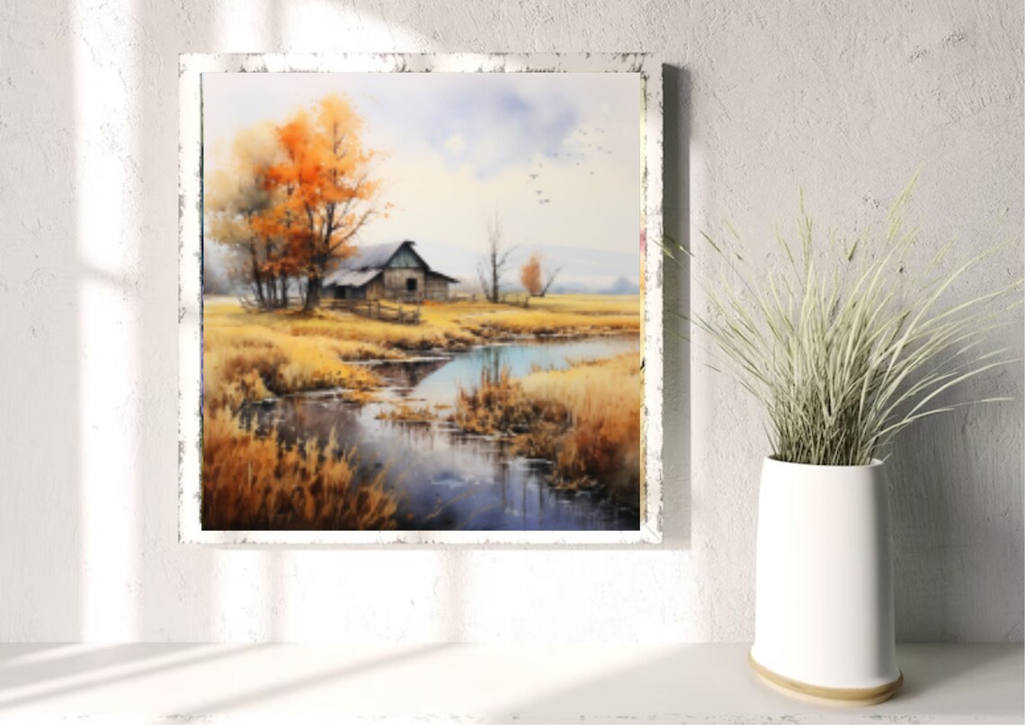 Golden Autumn Barn By Still Pond With Fiery Orange Tree Art Poster - Image 3