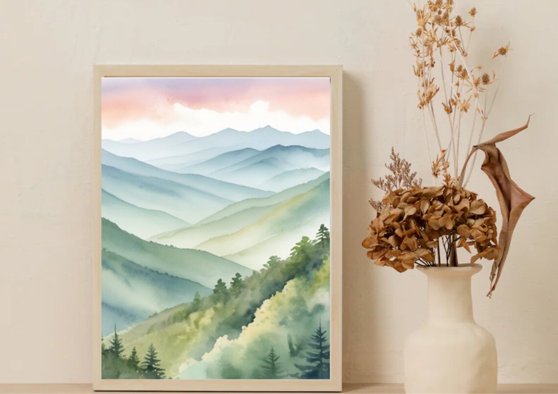 Great Smoky Mountains Misty Blue Ridges Sunrise Watercolor Poster - Image 5
