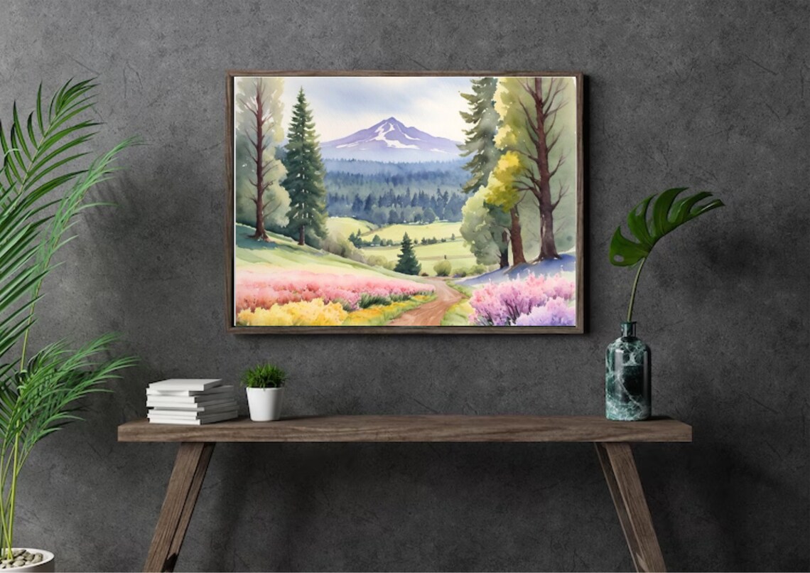 Mount Hood Watercolor Art Print, Oregon Mountain Valley - Image 3