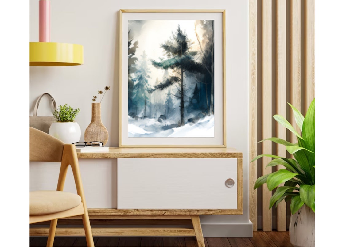 Snowy Winter Pine Forest Watercolor With Soft Breaking Sunlight Poster - Image 2