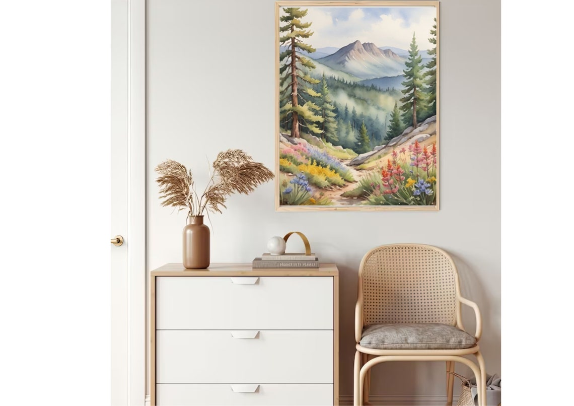 Spring Flowers Painting Rocky Mountains Watercolor Art Print Hiking Trail Art Colorado Landscape Wall Art Wildflowers Meadow Art Pine Print - Image 5