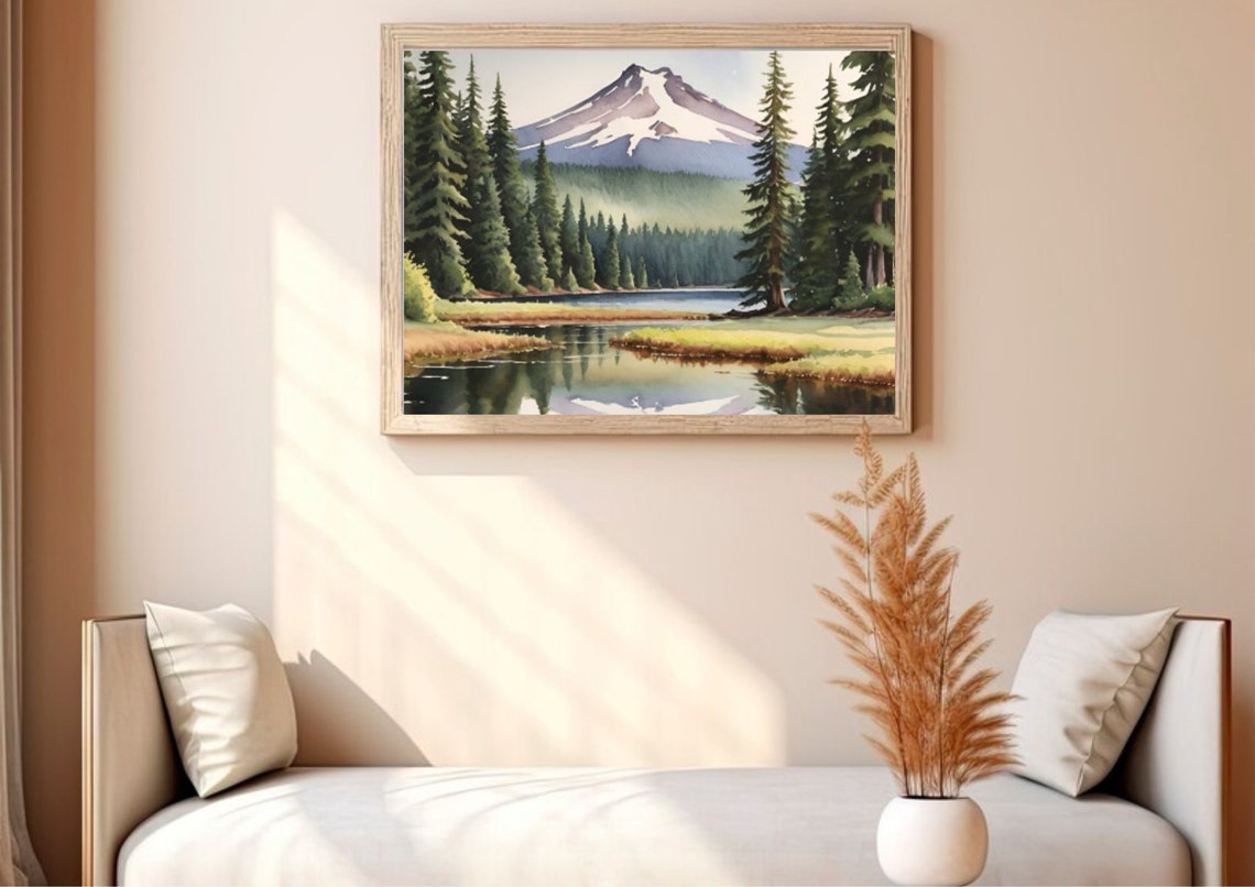 Snow Capped Peak Lake Reflection Evergreen Watercolor Poster - Image 3