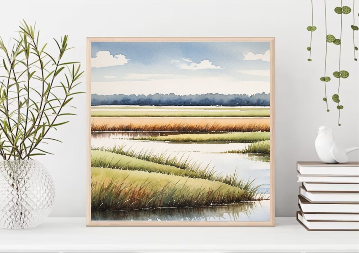 Louisiana Marsh Grass Water Watercolor Panoramic Wetland Art Poster - Image 5