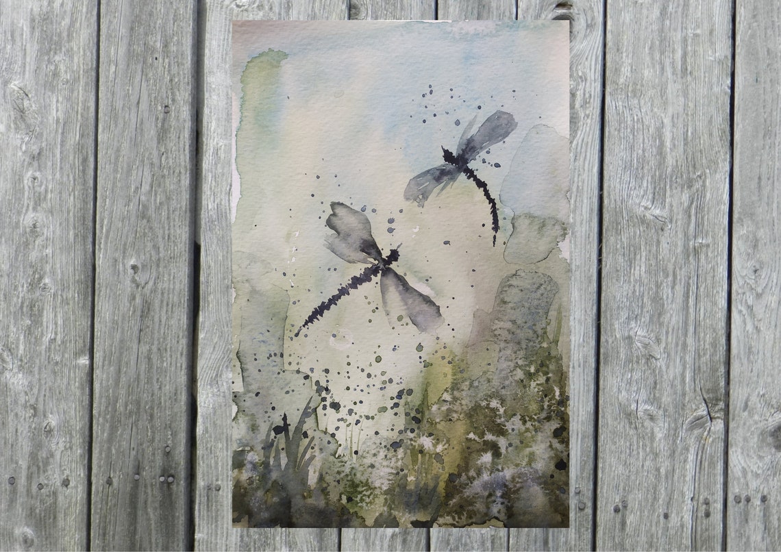 Dragonfly Original Watercolor Painting Dragonfly Watercolor Meadow Painting Wildflowers Field Art Insect Wall Art Botanical Watercolor Art