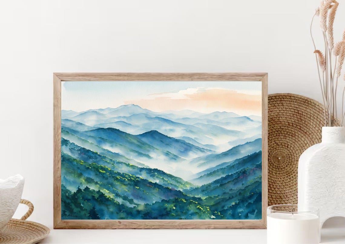 Blue Ridge Misty Mountain Layers Watercolor Smoky Panoramic Art Poster - Image 4