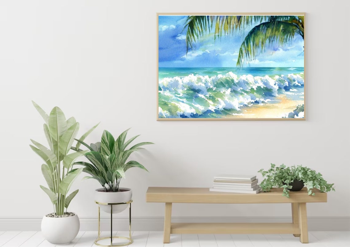 Tropical Beach Waves Under Palm Fronds Watercolor Seascape Poster - Image 3