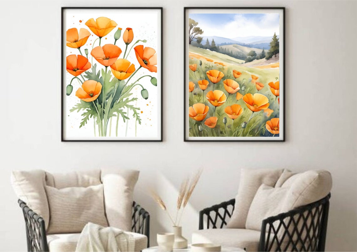 California Poppies Meadow Painting Orange Poppies Watercolor Art Print Wildflowers Meadow Artwork California Country Landscape Wall Art - Image 2