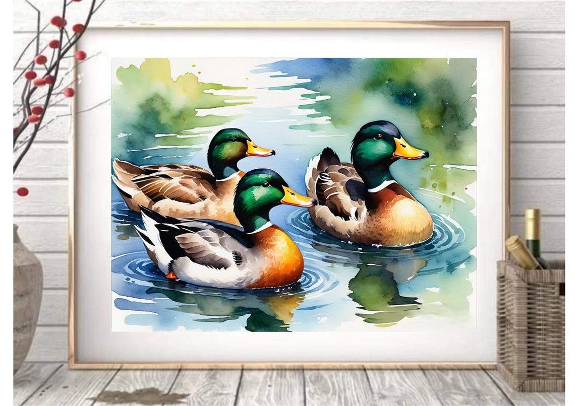 Three Mallard Ducks Swimming Watercolor Wildlife Pond Poster - Image 6