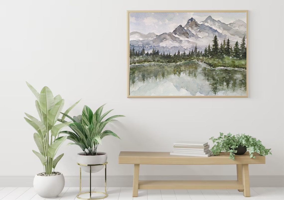 Misty Snowy Mountain Peaks Reflected In A Pine Forest Lake Art Poster - Image 4