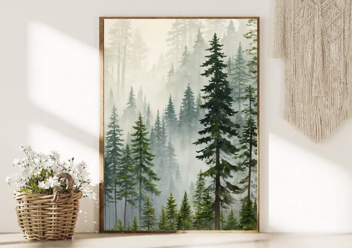 Foggy Pine Forest In Soft Green Mist Watercolor Nature Poster - Image 3