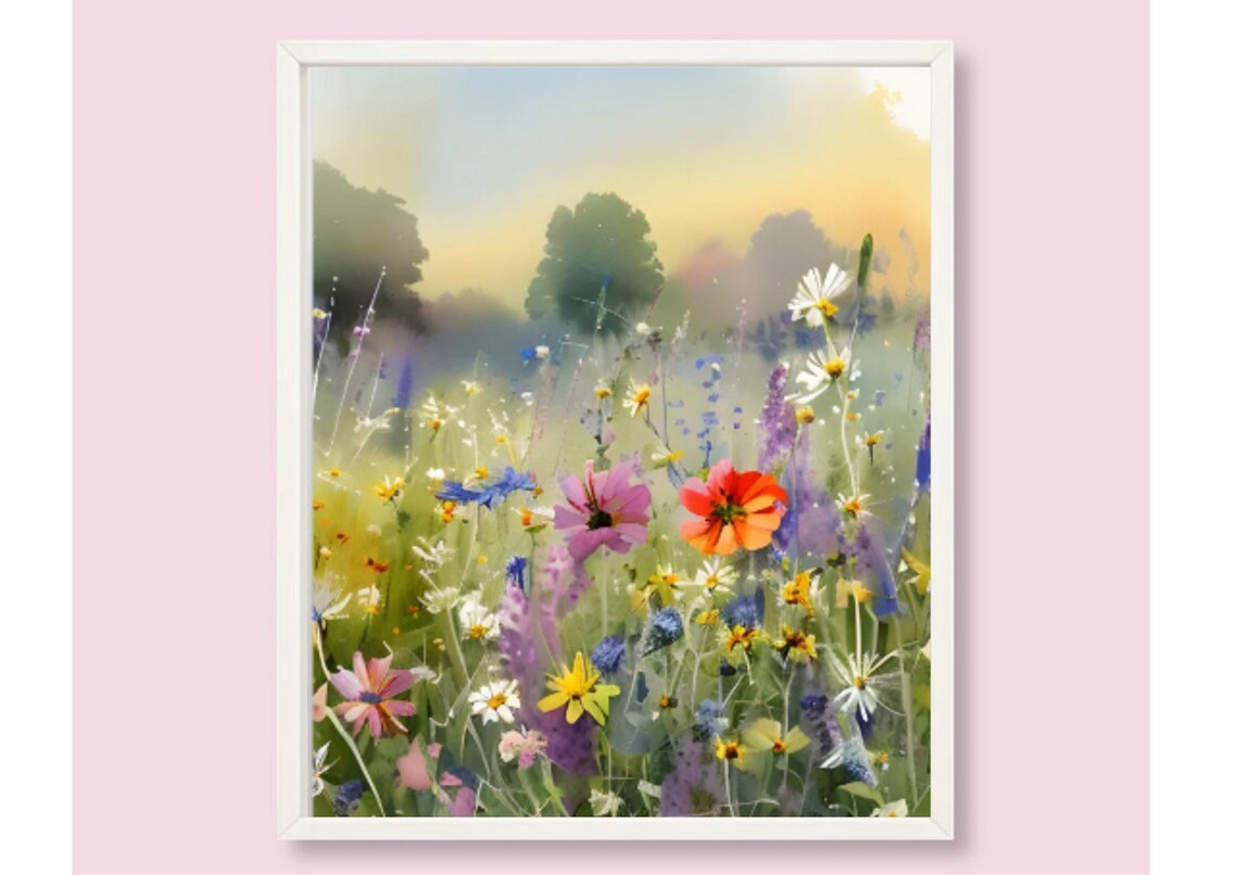 Field Of Flowers Watercolor Wildflowers Landscape Art Print - Image 6