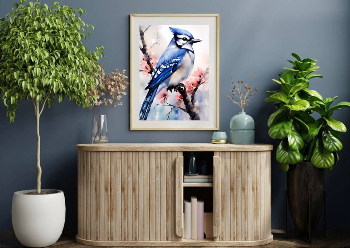 Blue Jay on Blossoming Branch Vivid Watercolor Bird Portrait Poster - Image 5