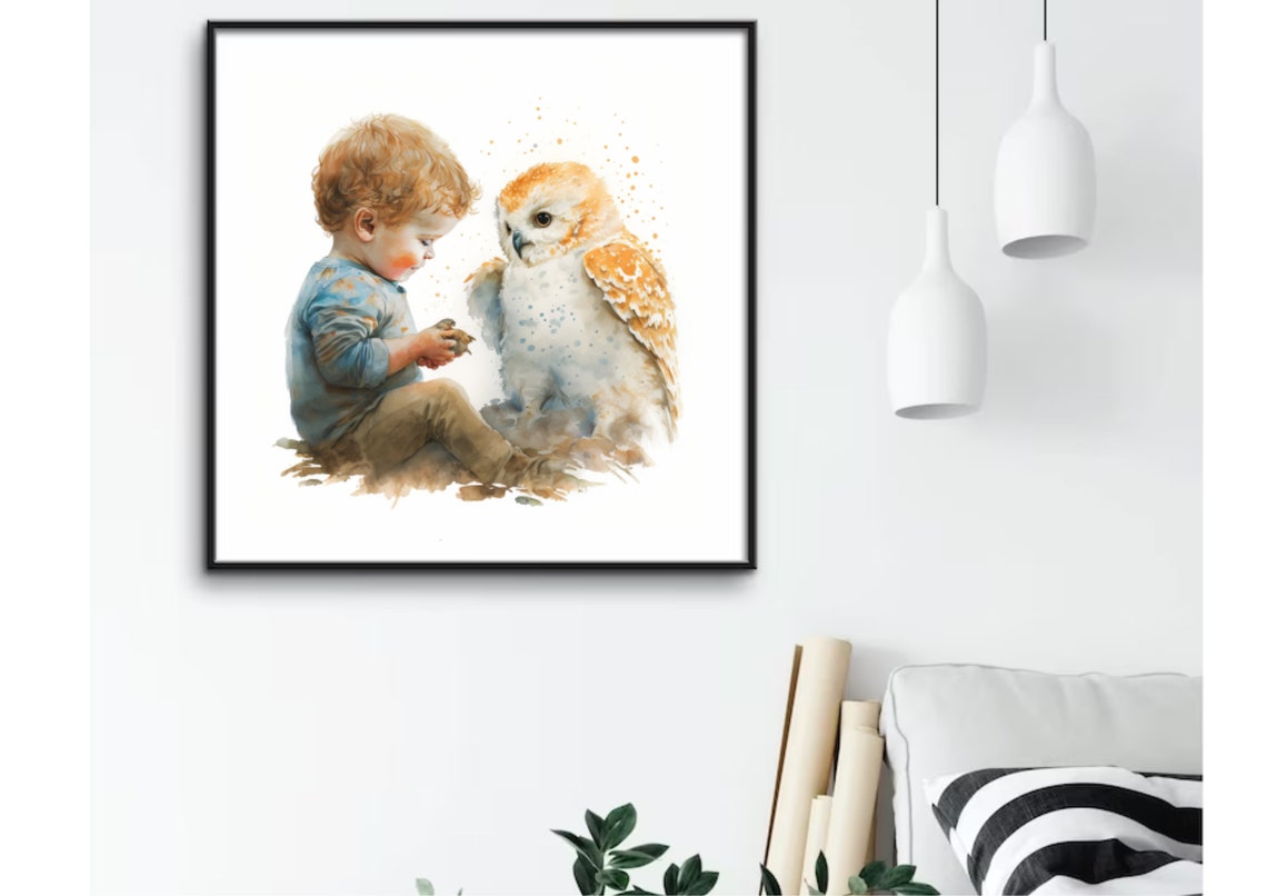 Child And White Owl Watercolor Painting Little Boy With Owl Art Print Child With Bird Wall Art Pet Portrait Print Nursery Wall Art Bird Art - Image 3