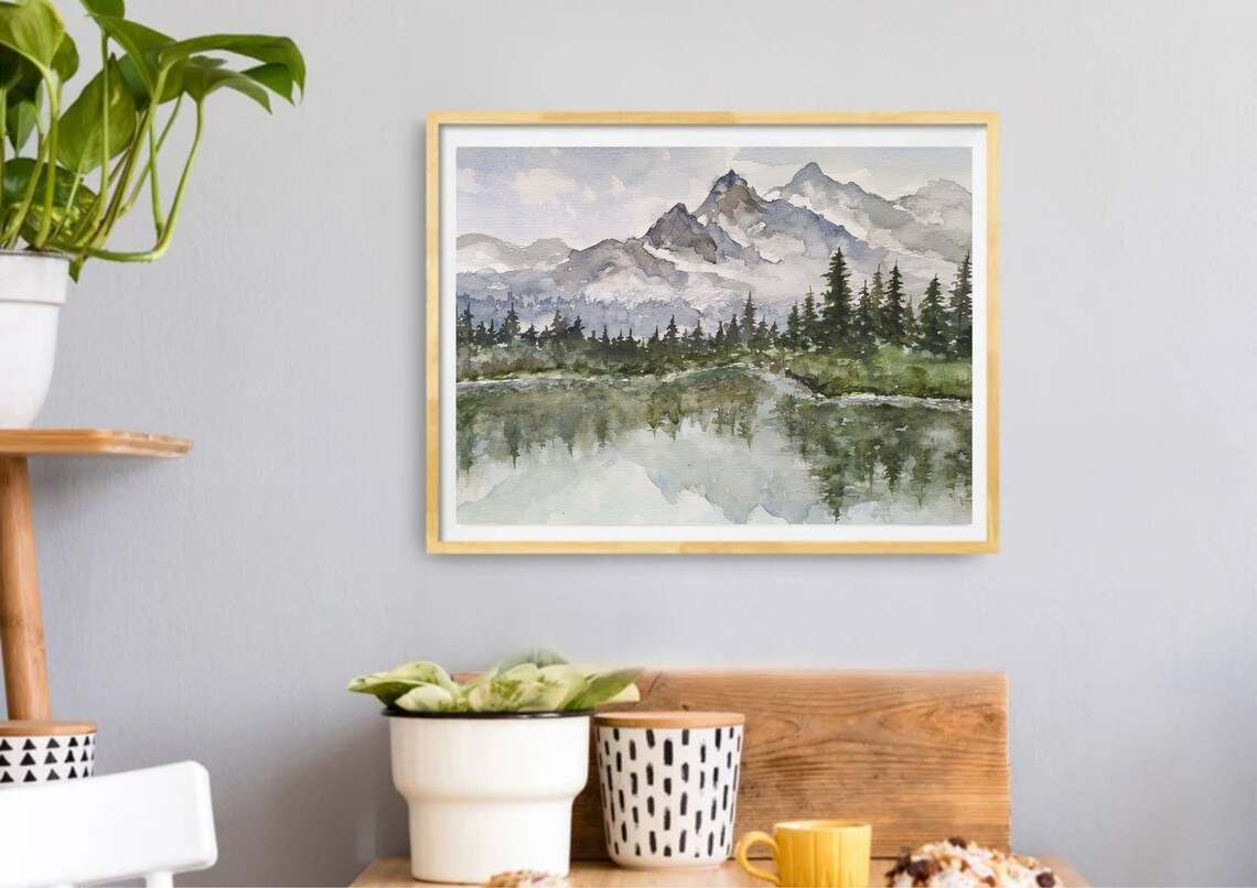 Misty Snowy Mountain Peaks Reflected In A Pine Forest Lake Art Poster - Image 3