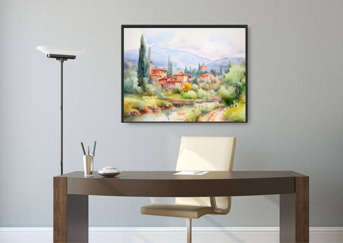 Tuscany Watercolor Painting Italian Village Landscape Art Print Panoramic Country House Wall Art Tuscany Village Watercolor Painting - Image 2