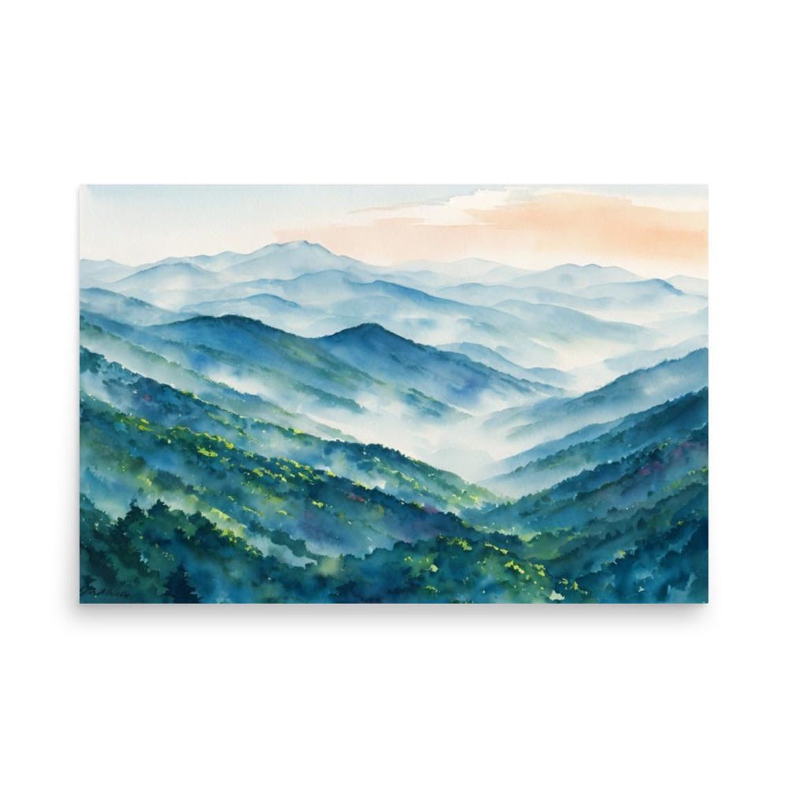 Blue Ridge Misty Mountain Layers Watercolor Smoky Panoramic Art Poster - Image 2