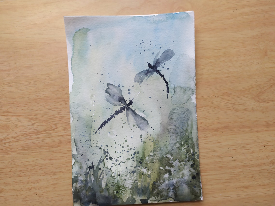 Dragonfly Original Watercolor Painting Dragonfly Watercolor Meadow Painting Wildflowers Field Art Insect Wall Art Botanical Watercolor Art - Image 6