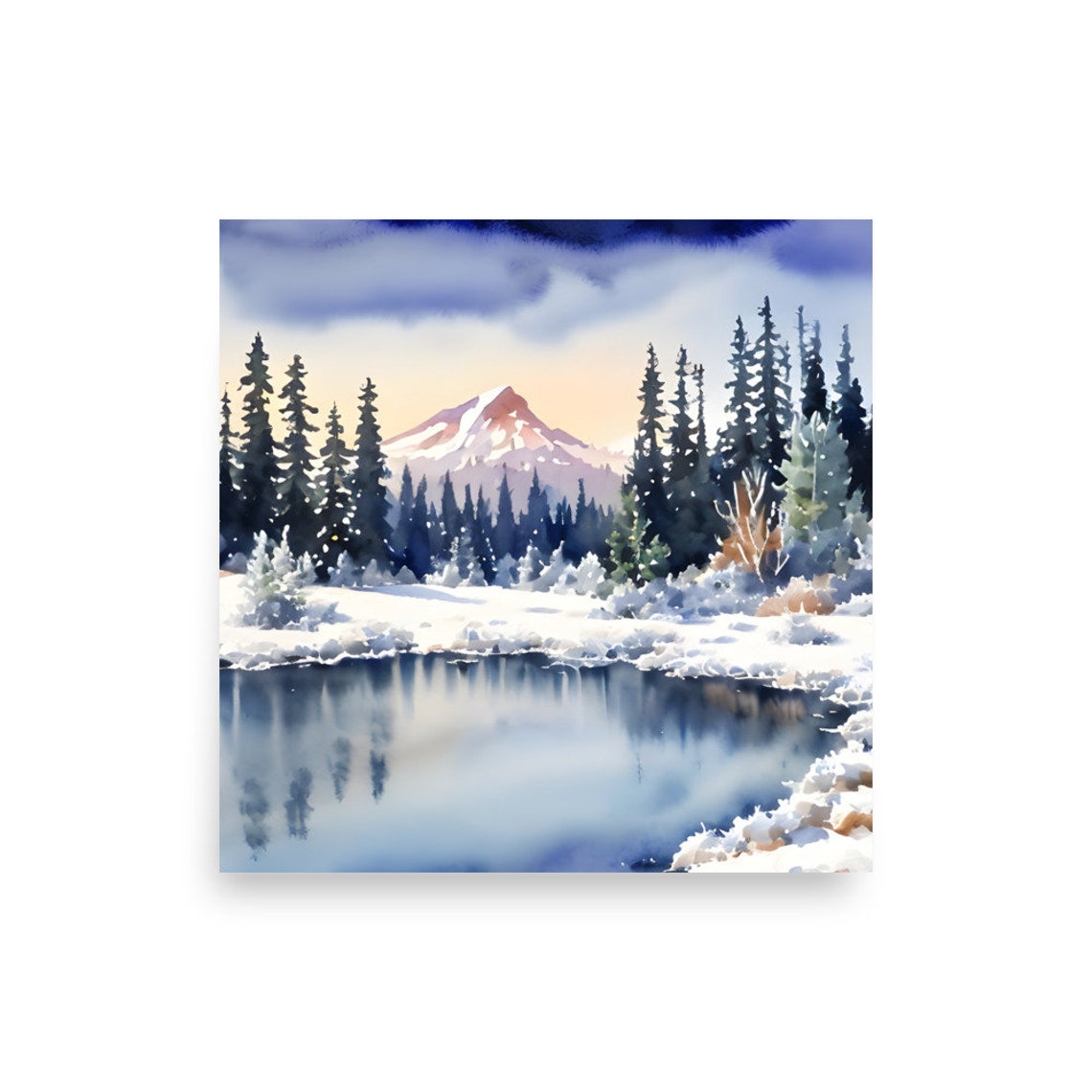Winter Mountain Lake Watercolor Sunset Over Snowy Peaks Poster - Image 3