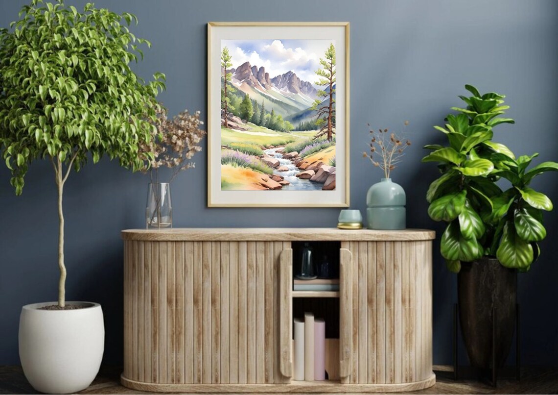 Rocky Mountains Mountain River Watercolor Wall Art Print - Image 4