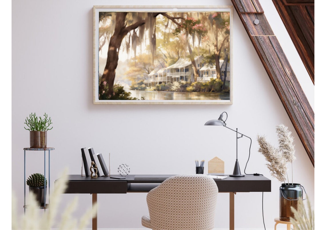 Louisiana Landscape Watercolor Painting River And House In Louisiana Art Print Panoramic Cityscape Wall Art Large Louisiana Poster - Image 3