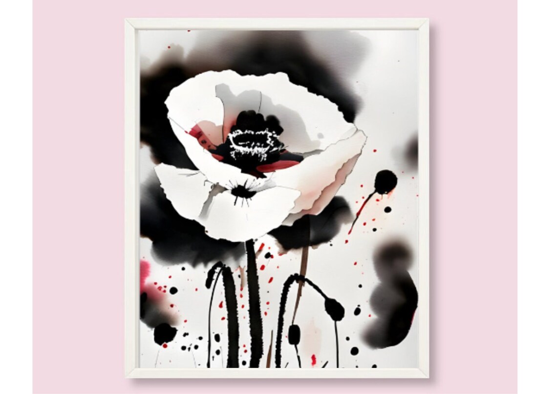 White Poppy Flower With Black Ink Watercolor Fine Art Poster - Image 6