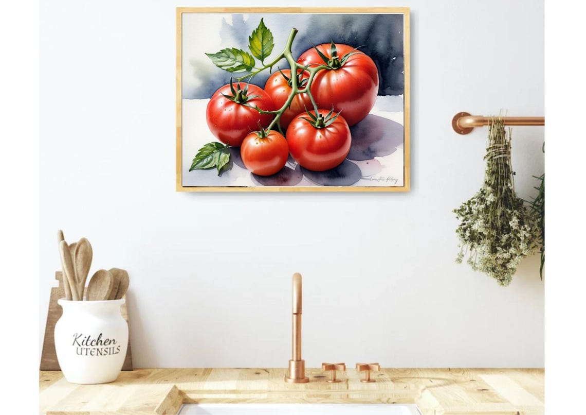 Ripe Red Tomatoes On The Vine Watercolor Kitchen Still Life Poster - Image 5
