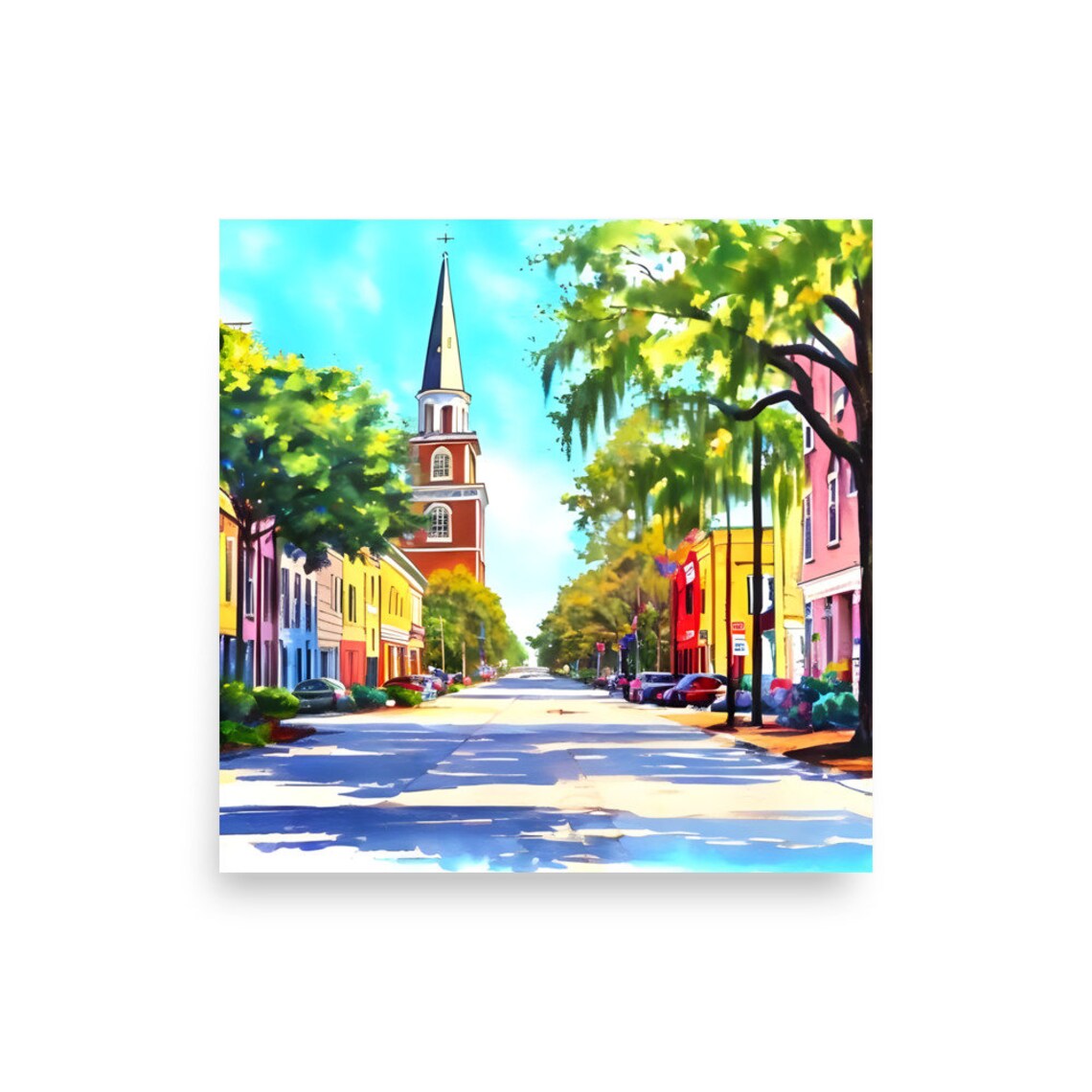 Charleston Street Watercolor With a Historic Church Steeple Poster - Image 3