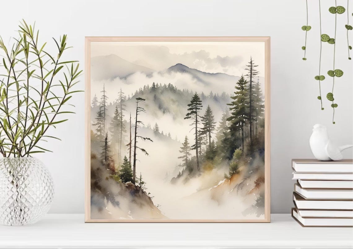 Foggy Evergreen Forest Watercolor Panoramic Mountain Landscape Poster - Image 3