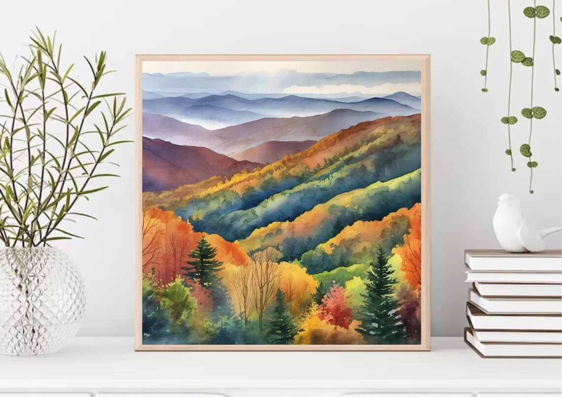 Smoky Mountains Watercolor Art Print, Fall Landscape - Image 3