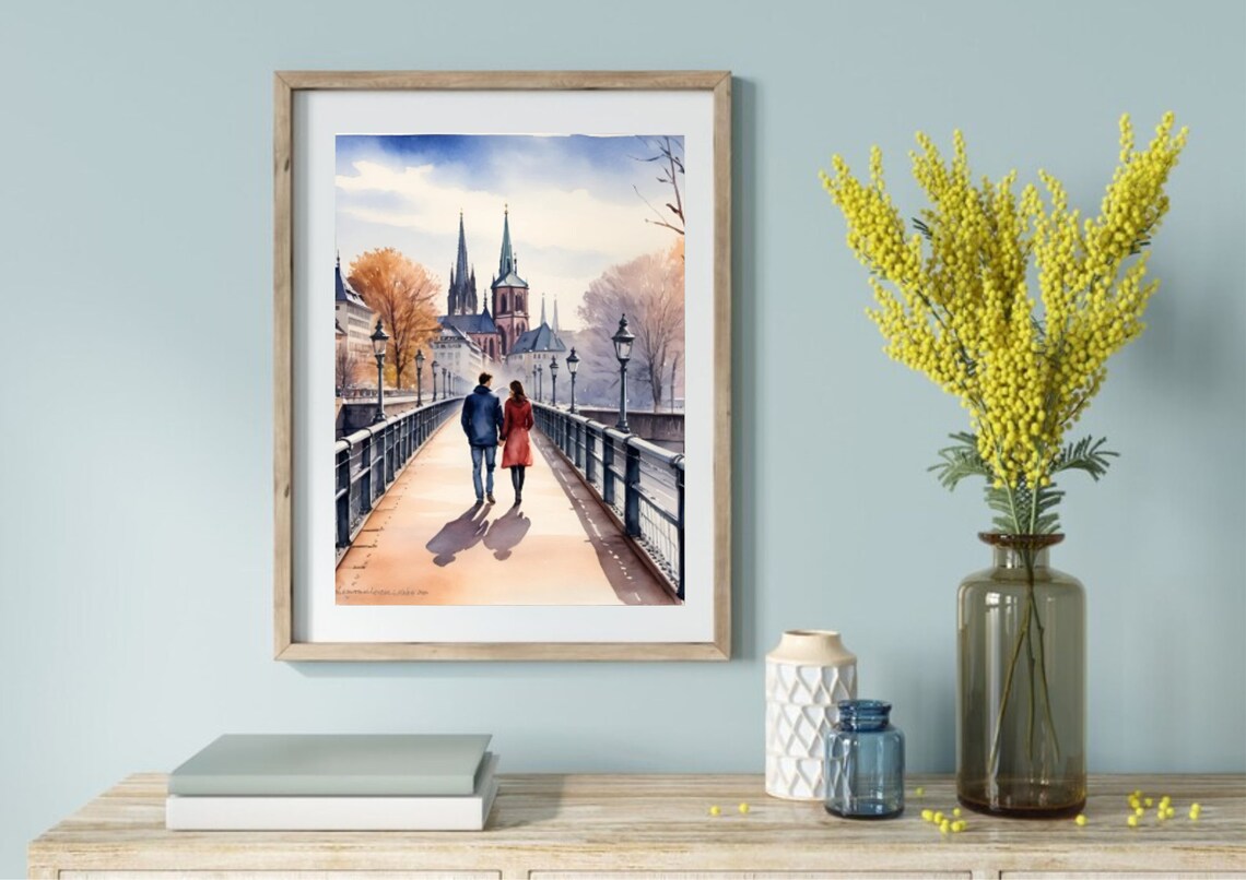 Frankfurt Couple Bridge Cathedral Skyline Watercolor City Poster - Image 3