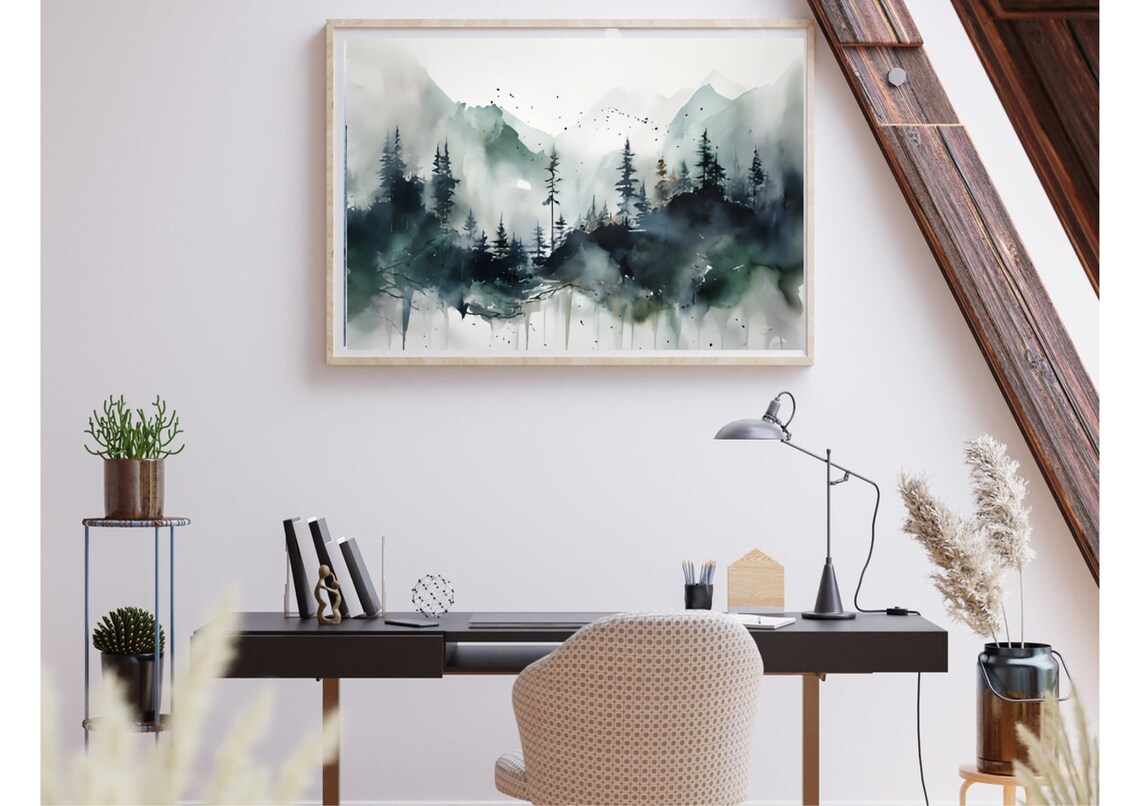 Misty Mountain Pine Forest Moody Fog Watercolor Landscape Poster - Image 4