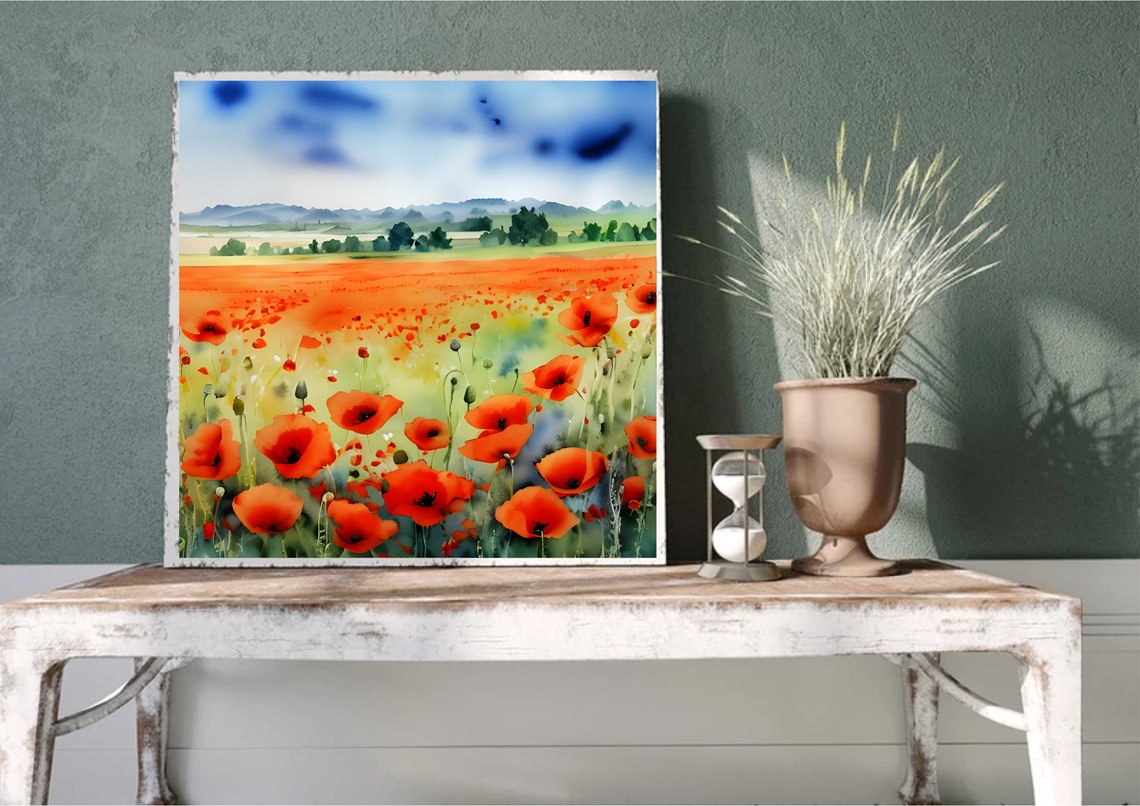 Poppies Field Watercolor Painting California Poppy Print Poppies Meadow Print Flowers Field Wall Art Panoramic Country Field Landscape Art - Image 4