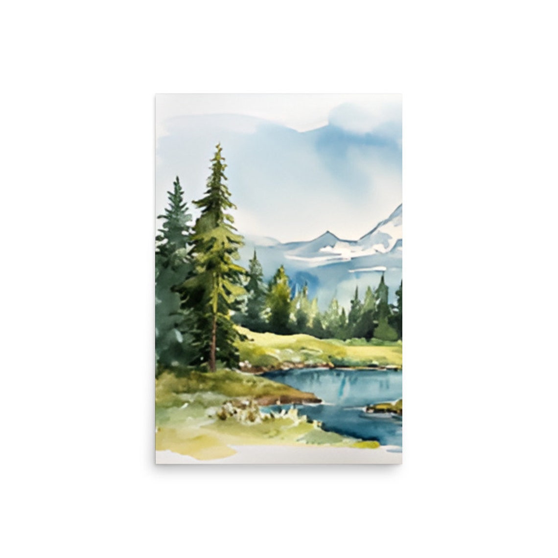 Mountain River Evergreen Pines Snowy Peak Gentle Watercolor Poster - Image 2