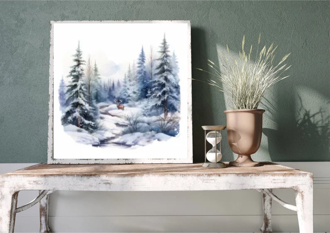 Deer Standing In Snowy Pine Forest By Icy Stream Watercolor Art Poster - Image 5