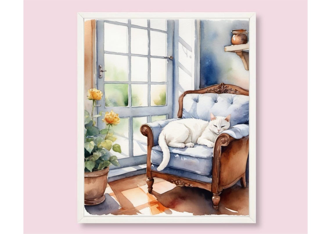 Cat Painting White Cat Sleeping On An Armchair Watercolor Art Print Animal Wall Art Pet Portrait Art Poster Animals Lovers Gifts - Image 3