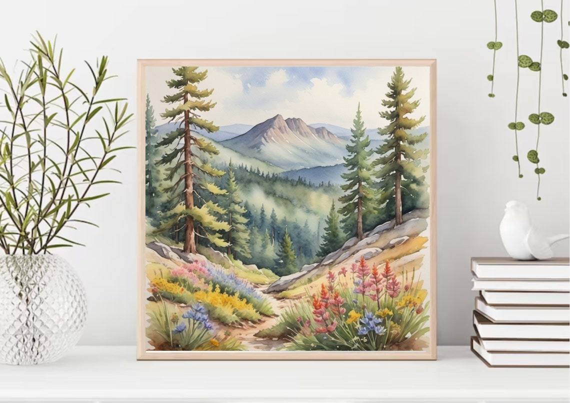 Spring Flowers Painting Rocky Mountains Watercolor Art Print Hiking Trail Art Colorado Landscape Wall Art Wildflowers Meadow Art Pine Print - Image 4