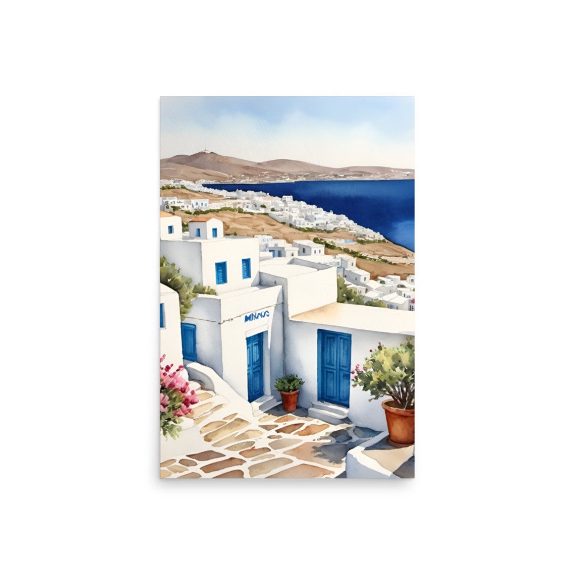 Mykonos White Blue Buildings Cobblestone Street Watercolor Poster - Image 2