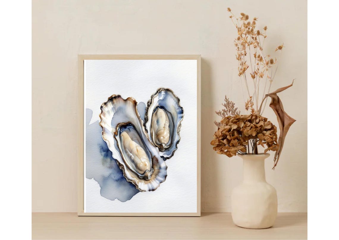 Fresh Oysters On The Half Shell Coastal Seafood Watercolor Poster - Image 5