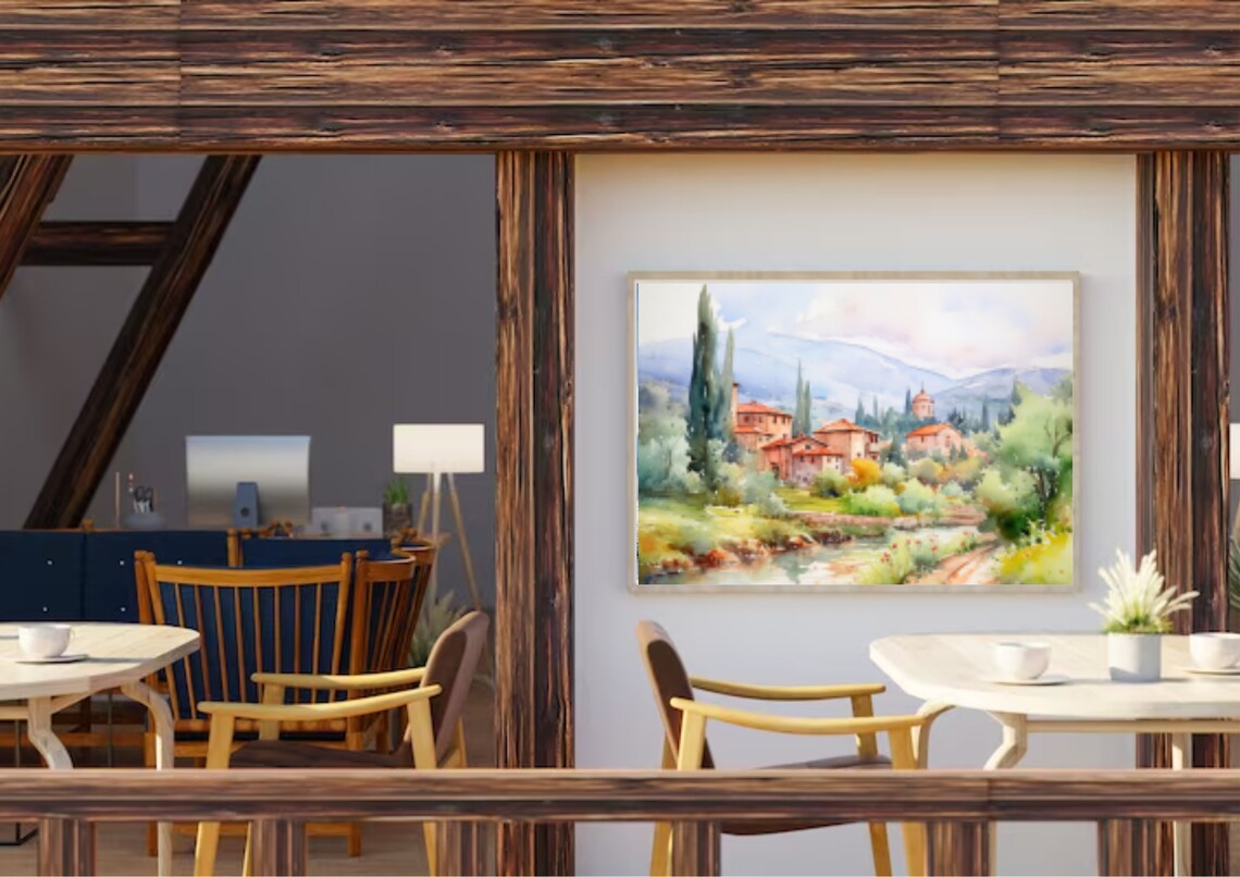 Italian Village Watercolor With Cypress Trees and a Stream Poster - Image 5