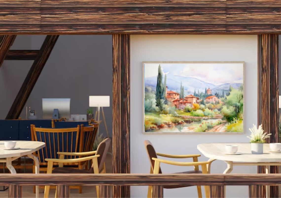 Tuscany Watercolor Painting Italian Village Landscape Art Print Panoramic Country House Wall Art Tuscany Village Watercolor Painting - Image 5