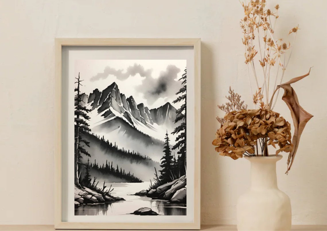 Black White Rocky Mountains River Ink Watercolor Sketch Art Poster - Image 4
