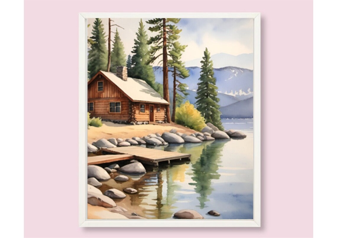 Forest Cabin Painting Tahoe Lake Watercolor Art Print California Mountain Forest Landscape Wall Art Pine Trees Art Watercolor Mountain Lake - Image 6