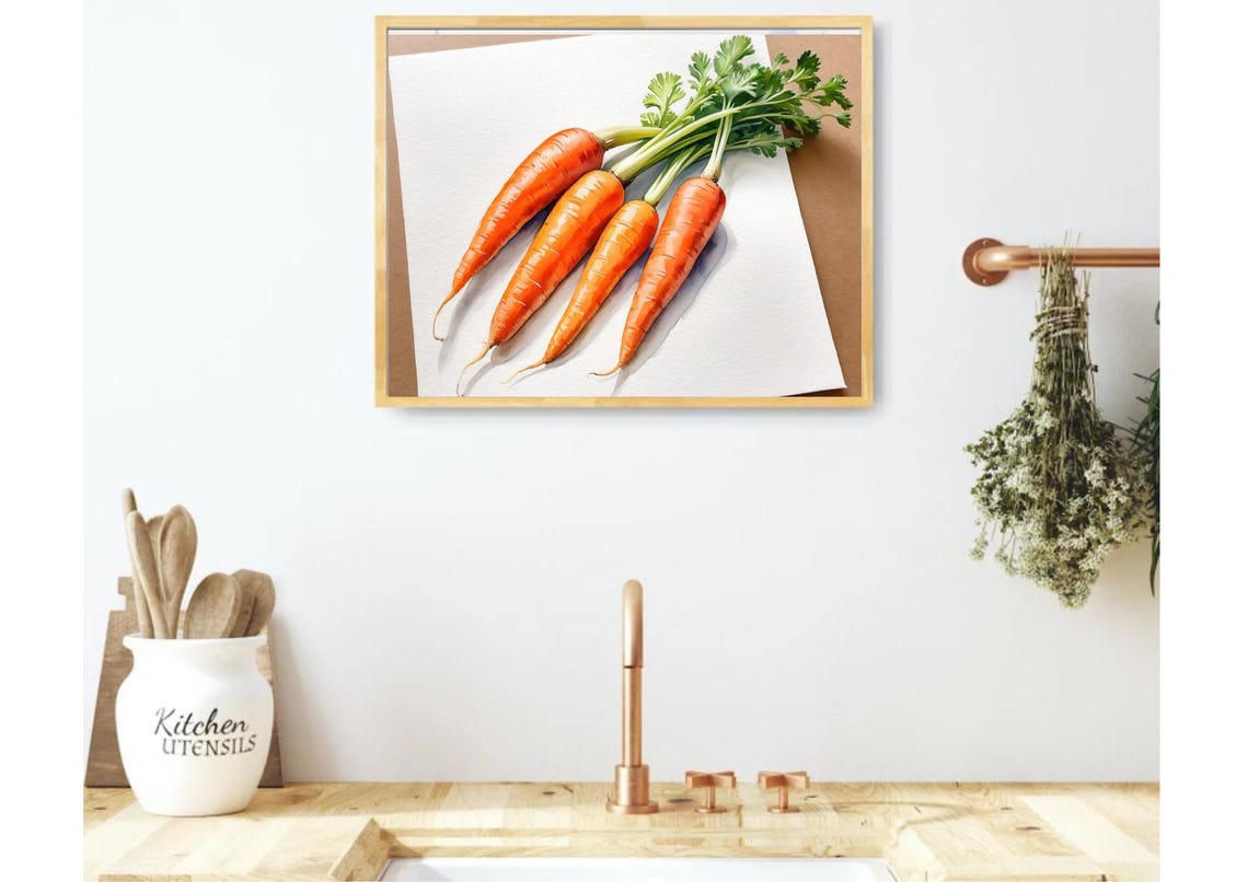 Four Fresh Carrots With Green Tops Watercolor Kitchen Poster - Image 4
