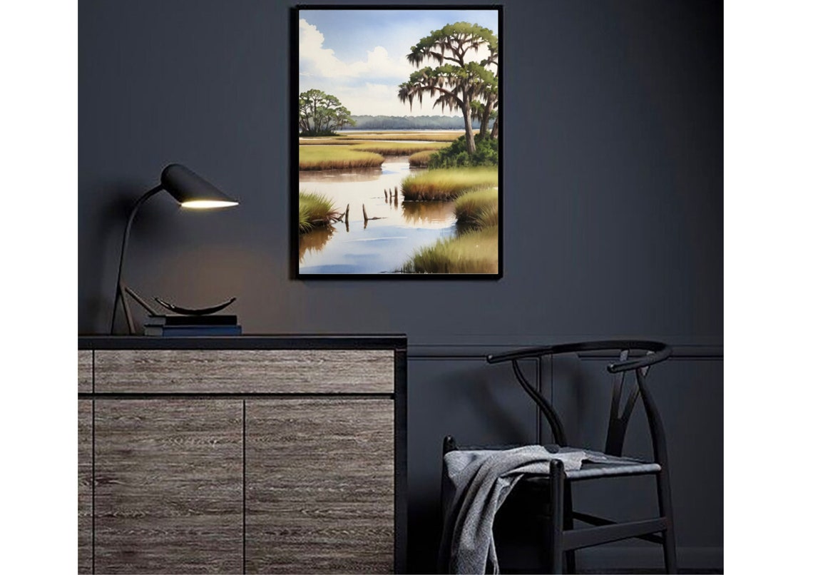 Charleston Lowcountry Salt Marsh Live Oaks Watercolor Poster - Image 3