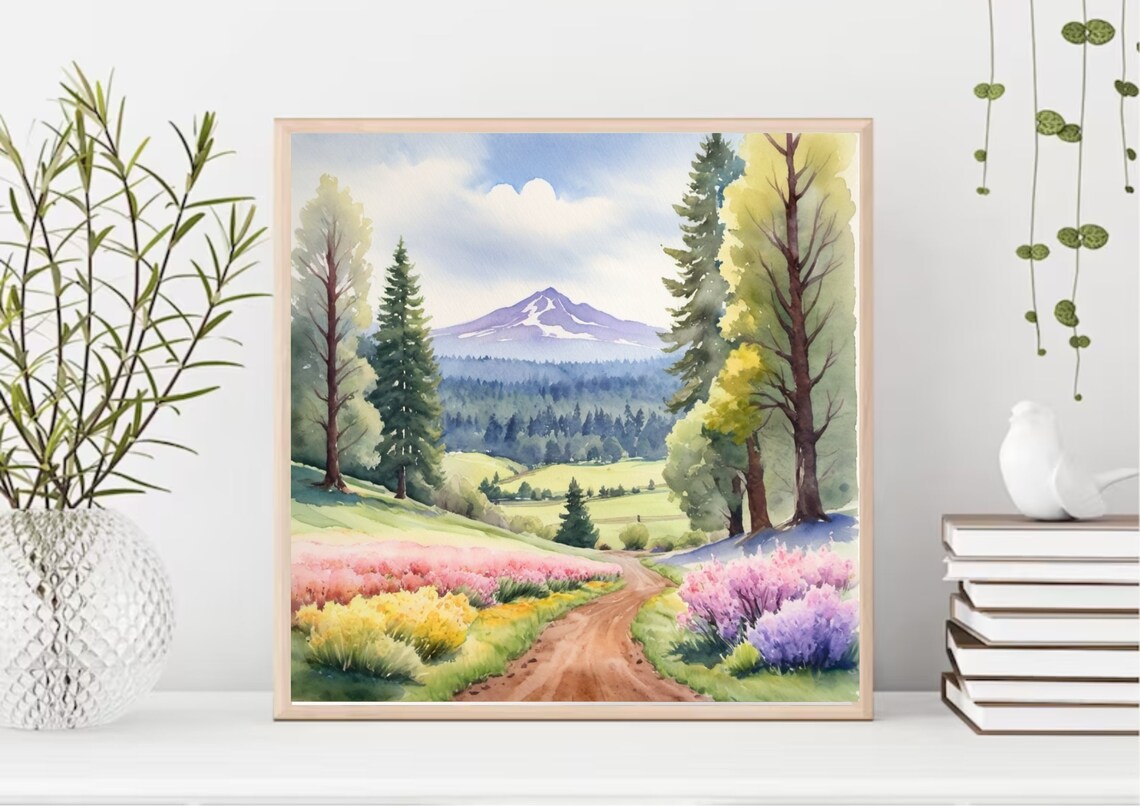 Mount Hood Watercolor Art Print, Oregon Mountain Valley - Image 4